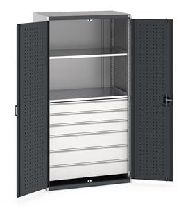 Bott Cubio kitted cupboards come with drawers and shelves, overall dimensions of 1050mm wide x 650mm deep x 2000mm high. The cupboards have reinforced lockable steel doors with zinc plated locking bars and cam providing secure 3 point locking. ... Bott 1050mm wide x 650mm deep pre Kitted cupboards with Shelves Drawers or Eurocontainers